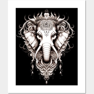 Thai Elephant Tattoo Design : Thai Sak Yant Chang Erawan (Elephant) Tattoo Design on a Dark Background Posters and Art